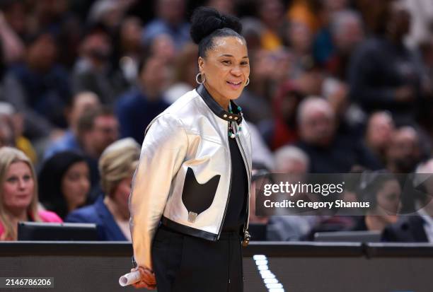 Head coach Dawn Staley of the South Carolina Gamecocks reacts in the second half during the 2024 NCAA Women's Basketball Tournament National...