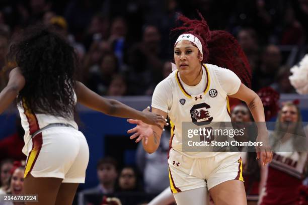 Kamilla Cardoso of the South Carolina Gamecocks reacts in the second half during the 2024 NCAA Women's Basketball Tournament National Championship...