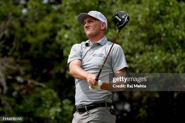 Brendon Todd of the United States plays his tee shot on the 14th hole during the final round of the Valero Texas Open at TPC San Antonio on April 07,...
