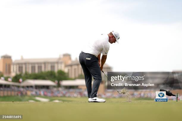 Lucas Glover of the United States plays his tee shot on the 16th hole during the final round of the Valero Texas Open at TPC San Antonio on April 07,...