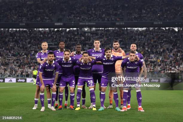 The ACF Fiorentina starting eleven line up for a team photo prior to kick off, back row ; Antonin Barak, Christian Kouame, Michael Kayode, Nikola...