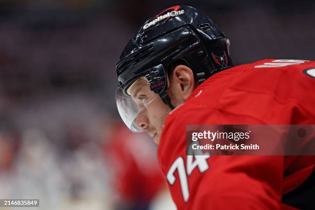 John Carlson of the Washington Capitals skates during warmups before playing against the Ottawa Senators at Capital One Arena on April 07, 2024 in...