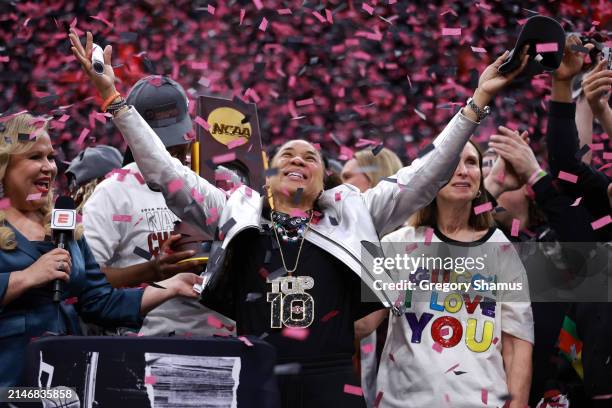 Head coach Dawn Staley of the South Carolina Gamecocks celebrates after beating the Iowa Hawkeyes in the 2024 NCAA Women's Basketball Tournament...