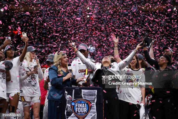 Head coach Dawn Staley of the South Carolina Gamecocks celebrates after beating the Iowa Hawkeyes in the 2024 NCAA Women's Basketball Tournament...