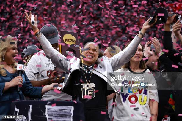 Head coach Dawn Staley of the South Carolina Gamecocks celebrates after beating the Iowa Hawkeyes in the 2024 NCAA Women's Basketball Tournament...