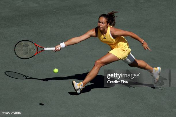 Daria Kasatkina returns a shot to Danielle Collins of the United States in the first set during the singles final on the final day of the WTA 500...