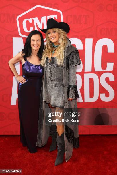 Leslie Fram, Senior VP of Music Strategy for CMT, and Meghan Patrick attend the 2024 CMT Music Awards at Moody Center on April 07, 2024 in Austin,...