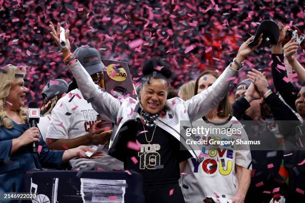 Head coach Dawn Staley of the South Carolina Gamecocks celebrates after beating the Iowa Hawkeyes in the 2024 NCAA Women's Basketball Tournament...