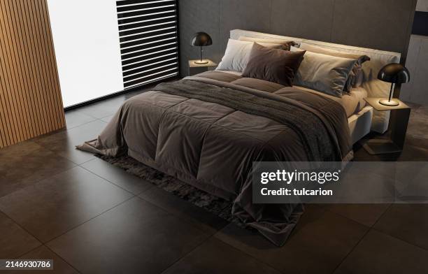 modern minimalist bedroom with double bed and white background - lençol roupa de cama imagens e fotografias de stock