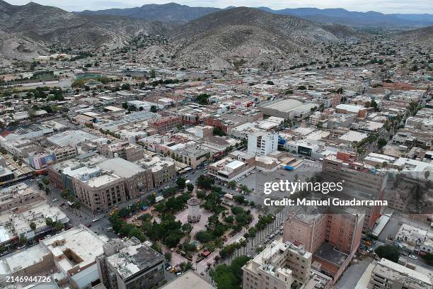 An aerial view of the city and the ¨Plaza de Armas¨ ahead of the solar eclipse on April 6, 2024 in Torreon, Mexico. According to experts, the west...