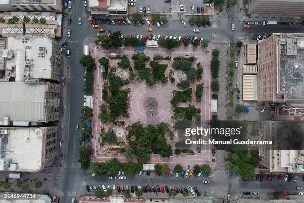 An aerial view of the city and the ¨Plaza de Armas¨ ahead of the solar eclipse on April 6, 2024 in Torreon, Mexico. According to experts, the west...