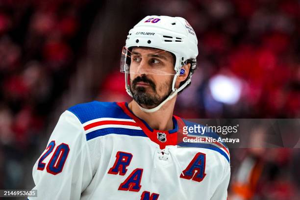 Chris Kreider of the New York Rangers looks on against the Detroit Red Wings at Little Caesars Arena on April 05, 2024 in Detroit, Michigan.