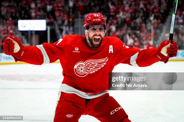 David Perron reacts after teammate Dylan Larkin of the Detroit Red Wings scored a goal against the New York Rangers during the second period at...