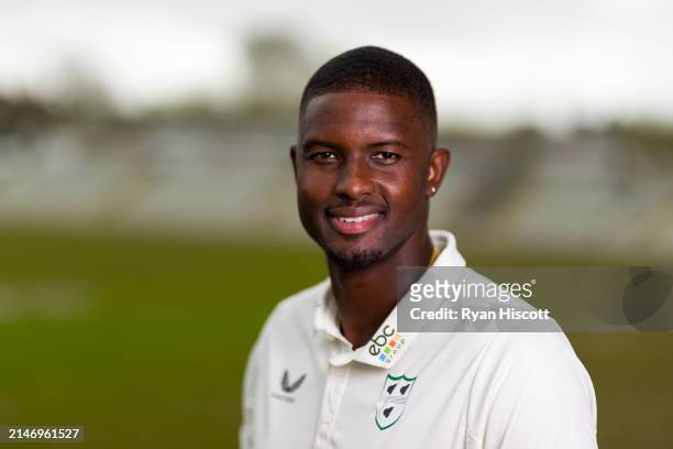 Jason Holder of Worcestershire poses for a portrait during the Worcestershire CCC photocall at New Road on April 03, 2024 in Worcester, England.
