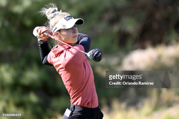 Nelly Korda of the United States plays her shot from the 11th tee on day five of the T-Mobile Match Play presented by MGM Rewards at Shadow Creek at...