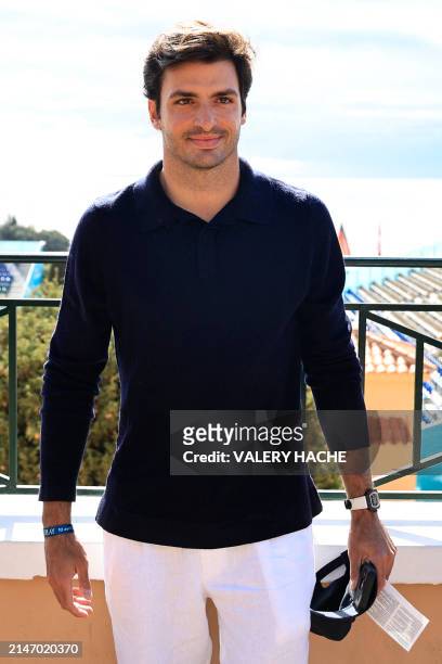 Ferrari's Spanish driver Carlos Sainz Jr poses during the Monte Carlo ATP Masters Series Tournament at the Monte Carlo Country Club on April 10, 2024.
