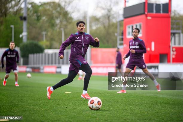 Amine Adli of Leverkusen controls the ball ahead of their the UEFA Europa League 2023/24 Quarter-Final first leg match against West Ham United FC at...