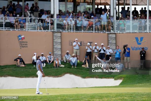 Akshay Bhatia of the United States celebrates after winning the Valero Texas Open on the 18th hole of the first playoff during the final round of the...