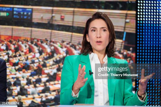 Leader of the Renew Europe group in the European Parliament Valerie Hayer react during a debate between French top candidate for the European...