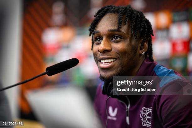Jeremie Frimpong of Leverkusen during the press conference ahead of their the UEFA Europa League 2023/24 Quarter-Final first leg match against West...