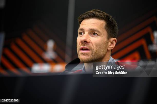 Headcoach Xabi Alonso of Leverkusen during the press conference ahead of their the UEFA Europa League 2023/24 Quarter-Final first leg match against...