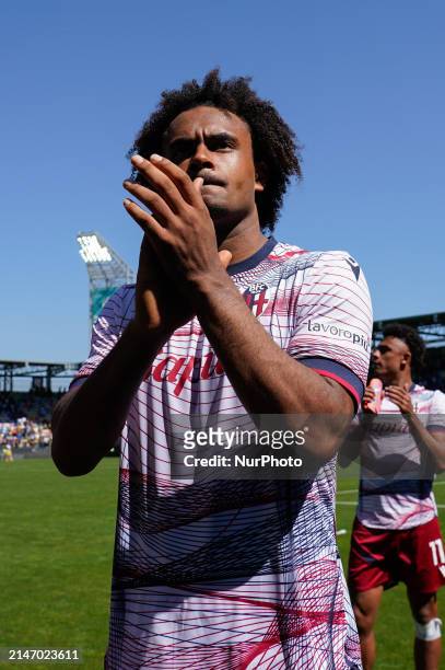 Joshua Zirkzee of Bologna FC greets the fans during the Serie A TIM match between Frosinone Calcio and Bologna FC at Stadio Benito Stirpe on April 7,...