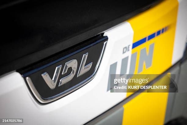 This photograph taken on April 10, 2024 shows a close up of a VDL bus for the Flemish public transport company De Lijn inside the production plant,...