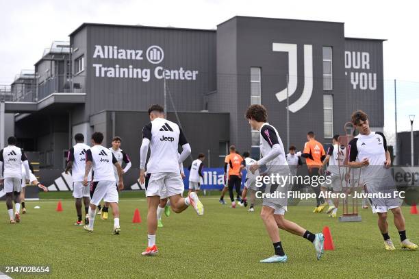 Juventus players during a Juventus U19 Training Session at Allianz Training Center on April 10, 2024 in Vinovo, Italy.