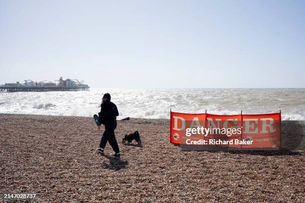 Dog walker passes a danger banner telling swimmers not to enter the water due to rough seas, on 7th April 2024, in Brighton, England.