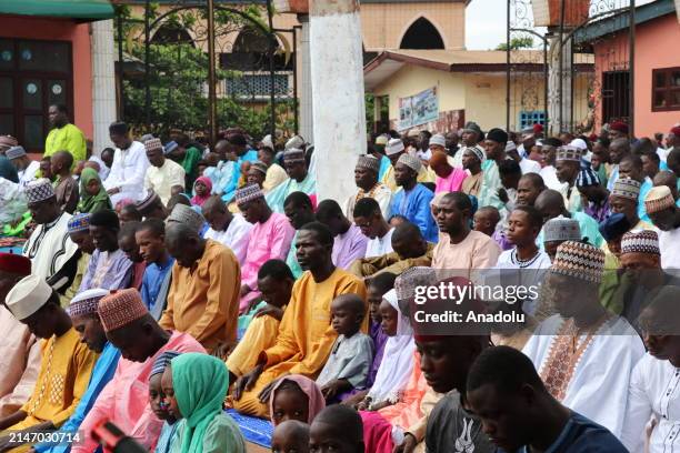 Muslims gather to perform Eid al-Fitr prayer at Yaounde Central Mosque on April 10, 2024 in Yaounde, Cameroon.