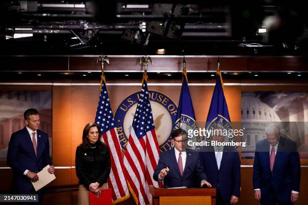 House Speaker Mike Johnson, a Republican from Louisiana, center, speaks during a news conference at the US Capitol in Washington, DC, US, on...