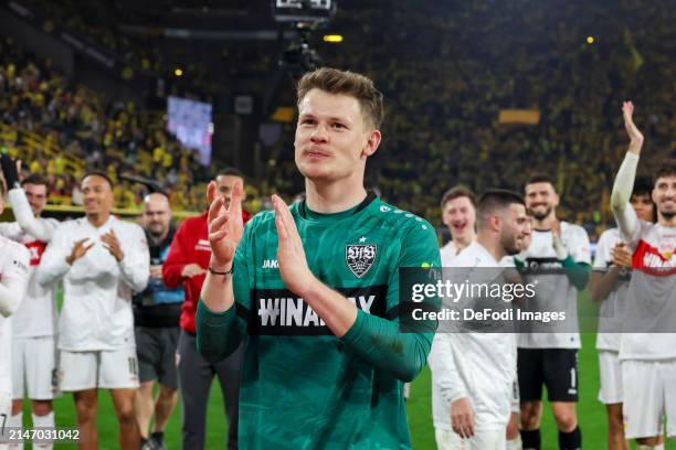 Goalkeeper Alexander Nuebel of VfB Stuttgart cheers after the Bundesliga match between Borussia Dortmund and VfB Stuttgart at Signal Iduna Park on...