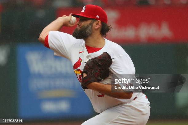 Lance Lynn of the St. Louis Cardinals delivers a pitch against the Philadelphia Phillies in the first inning at Busch Stadium on April 10, 2024 in St...