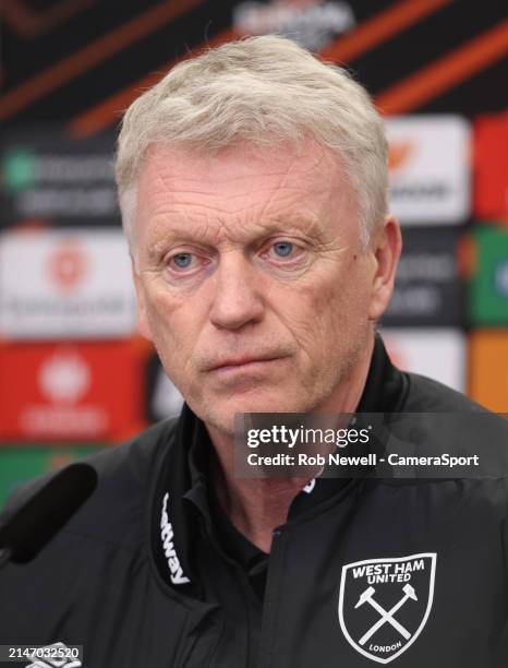 West Ham United manager David Moyes during the UEFA Europa League 2023/24 quarter-final first leg training and press conference at BayArena on April...