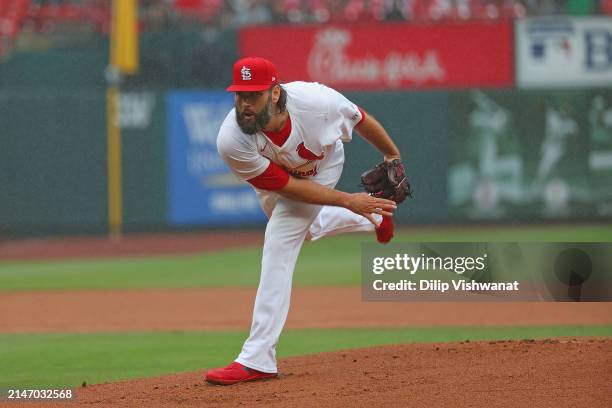 Lance Lynn of the St. Louis Cardinals delivers a pitch against the Philadelphia Phillies in the first inning at Busch Stadium on April 10, 2024 in St...