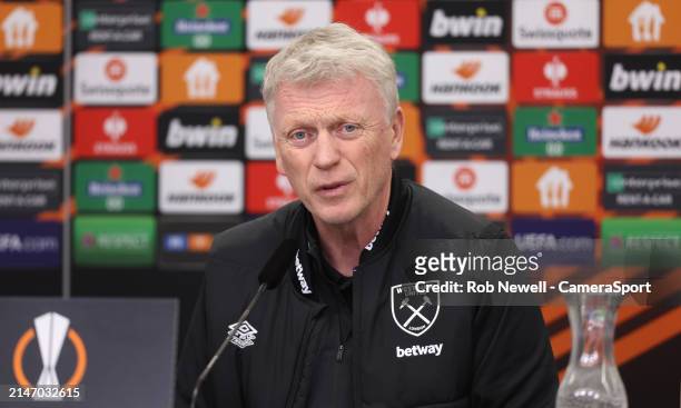 West Ham United manager David Moyes during the UEFA Europa League 2023/24 quarter-final first leg training and press conference at BayArena on April...