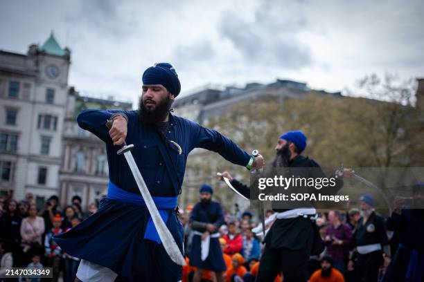 Martial artists perform during the Vaisakhi Festival at London's Trafalgar Square. The Vaisakhi Festival was co-hosted by Tommy Sandhu and Shani...