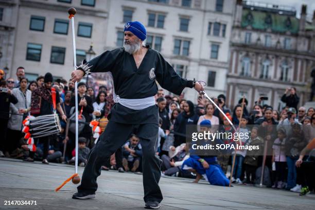 Martial artist performs during the Vaisakhi Festival at London's Trafalgar Square. The Vaisakhi Festival was co-hosted by Tommy Sandhu and Shani...
