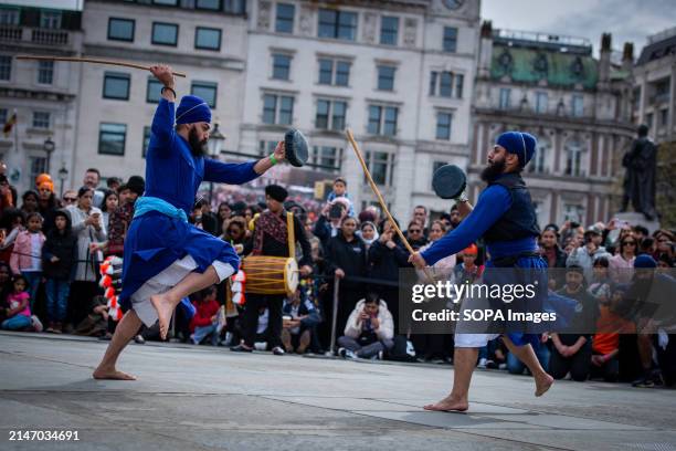 Martial artists perform during the Vaisakhi Festival at London's Trafalgar Square. The Vaisakhi Festival was co-hosted by Tommy Sandhu and Shani...