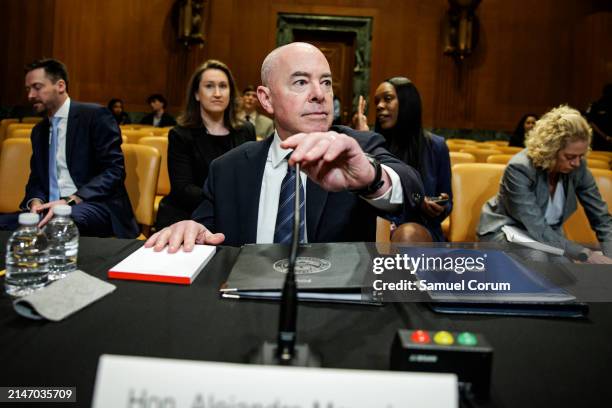 Secretary of Homeland Security Alejandro Mayorkas arrives to testify before the Senate Appropriations Subcommittee on Homeland Security during a...