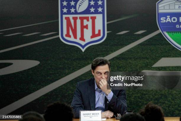 The Senior Vice President of NFL International, Gerrit Meier, is speaking at the press conference held on Wednesday, February 10, to announce the...