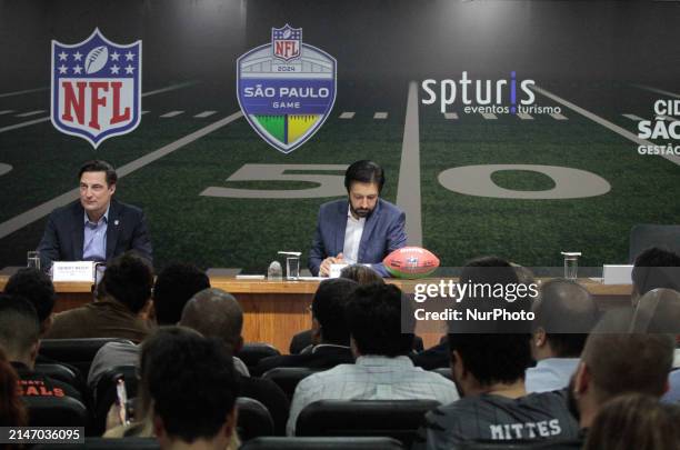 The Senior Vice President of NFL International, Gerrit Meier, is speaking at the press conference held on Wednesday, February 10, to announce the...