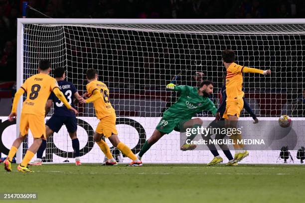 Barcelona's Danish defender Andreas Christensen scores his side's third goal during the UEFA Champions League quarter final first leg football match...