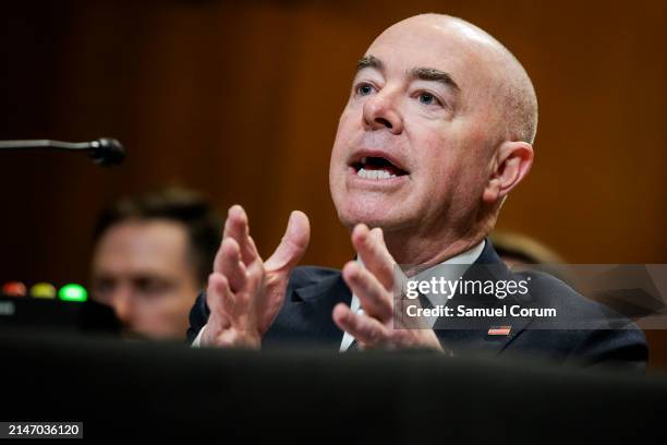 Secretary of Homeland Security Alejandro Mayorkas testifies before the Senate Appropriations Subcommittee on Homeland Security during a hearing on "A...