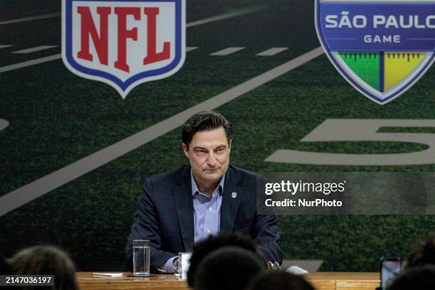 The Senior Vice President of NFL International, Gerrit Meier, is speaking at the press conference held on Wednesday, February 10, to announce the...