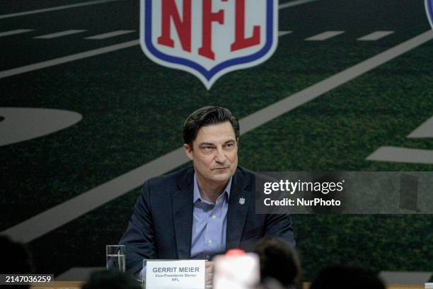 The Senior Vice President of NFL International, Gerrit Meier, is speaking at the press conference held on Wednesday, February 10, to announce the...