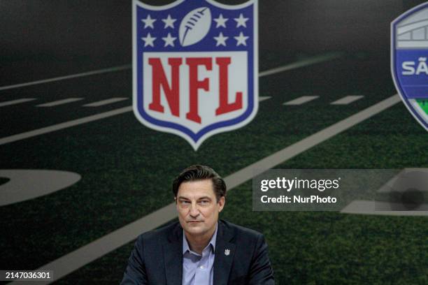 The Senior Vice President of NFL International, Gerrit Meier, is speaking at the press conference held on Wednesday, February 10, to announce the...