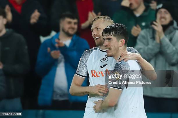 Josh Key of Swansea City celebrates his goal with Harry Darling during the Sky Bet Championship match between Swansea City and Stoke City at the...