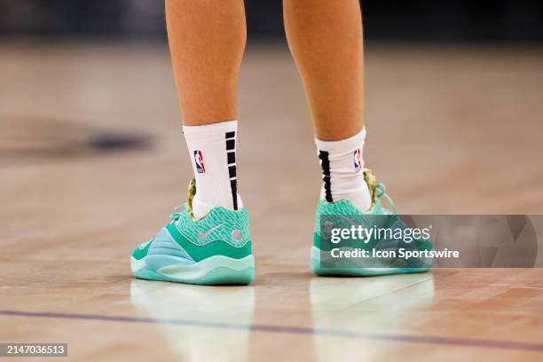 Detail view of Utah Jazz guard Jason Preston shoes during an NBA basketball game against the LA Clippers on April 5, 2024 at Crypto.com Arena in Los...