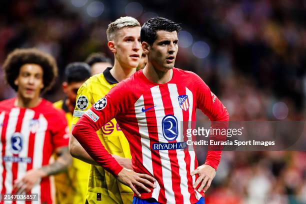 Alvaro Morata of Atletico de Madrid walks in the field during the UEFA Champions League quarter-final first leg match between Atletico Madrid and...